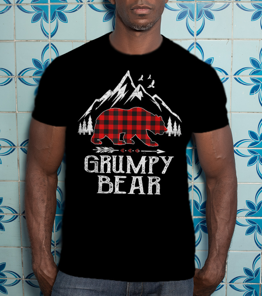 Grumpy Bear Red Plaid Buffalo Mountain Christmas Forest T-Shirt