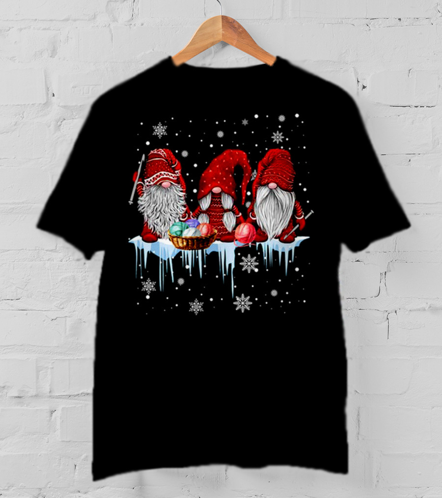 Hanging With Red Gnomies Crochet Funny Gnome Snowflakes And Yarn On Ice T-Shirt