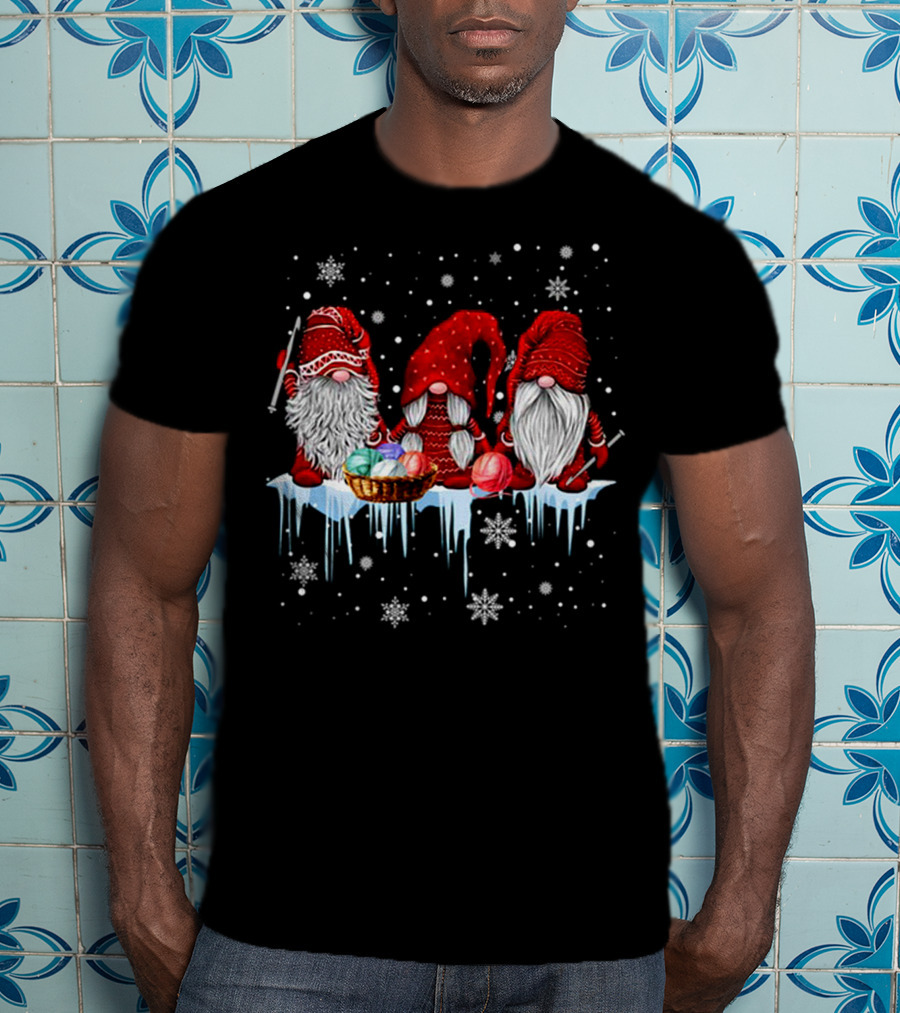 Hanging With Red Gnomies Crochet Funny Gnome Snowflakes And Yarn On Ice T-Shirt