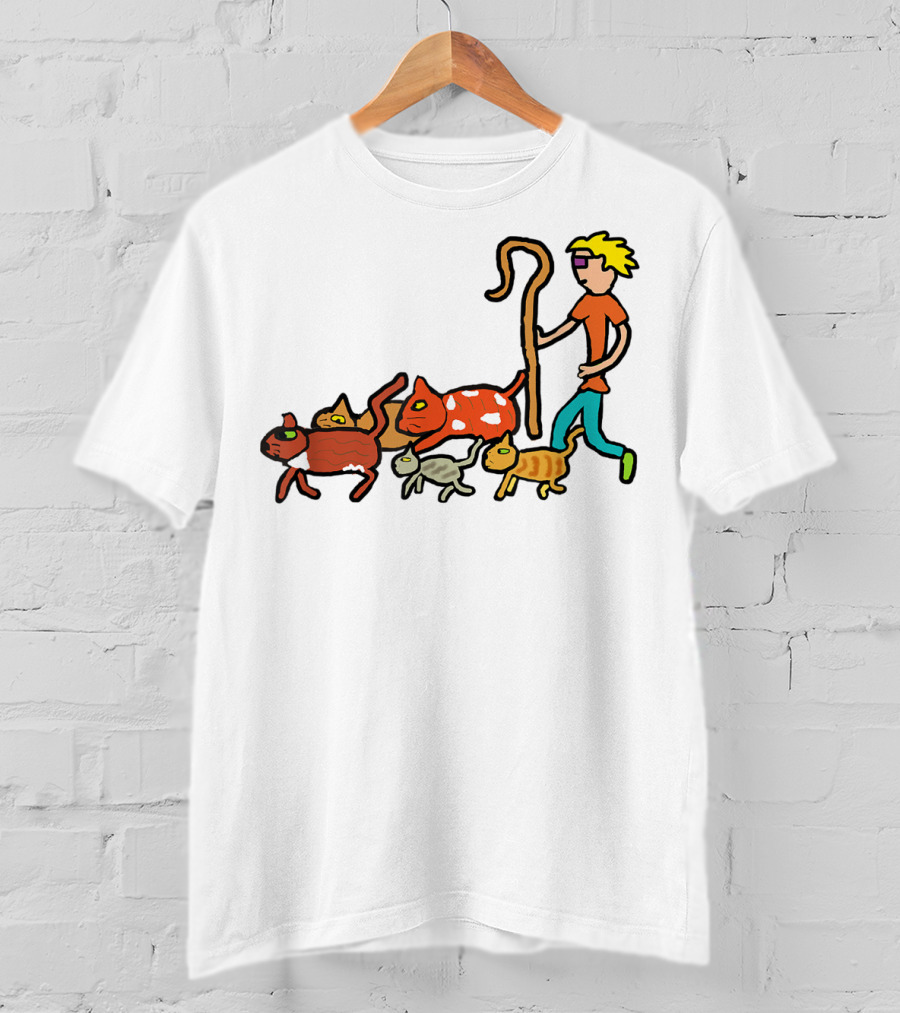 Herding Cats Cartoon Shepherd With Colorful Cats Scene T-Shirt