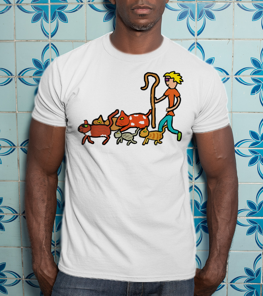 Herding Cats Cartoon Shepherd With Colorful Cats Scene T-Shirt