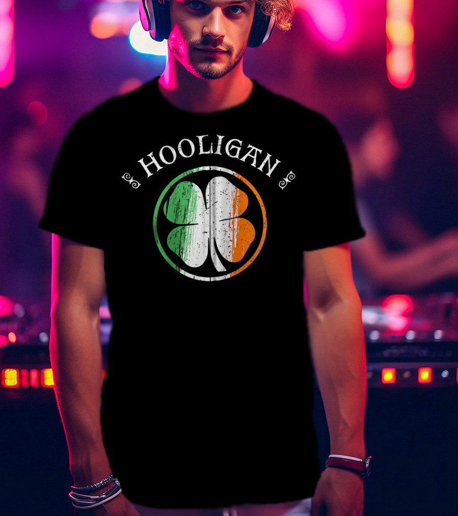 Hooligan Irish Shamrock Flag St Patrick's Day Clover Emblem T-Shirt