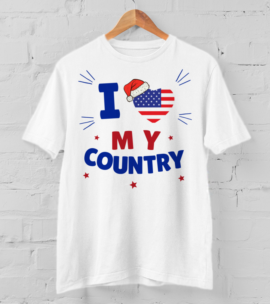 I Love My Country Heart Flag Santa Hat Patriotic Merry Christmas T-Shirt
