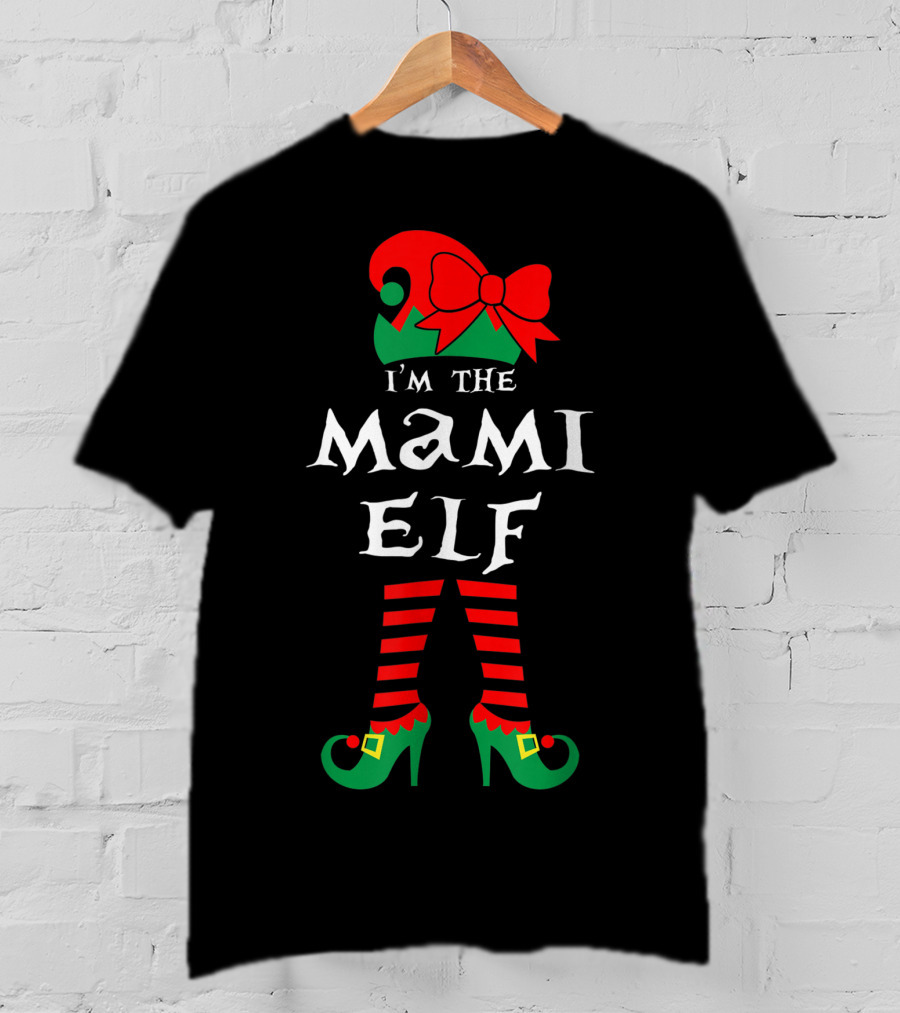 I'm The Mami Elf Striped Leg Red Bow Hat T-Shirt