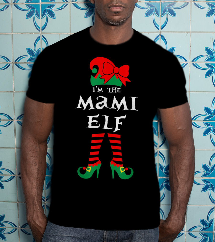 I'm The Mami Elf Striped Leg Red Bow Hat T-Shirt