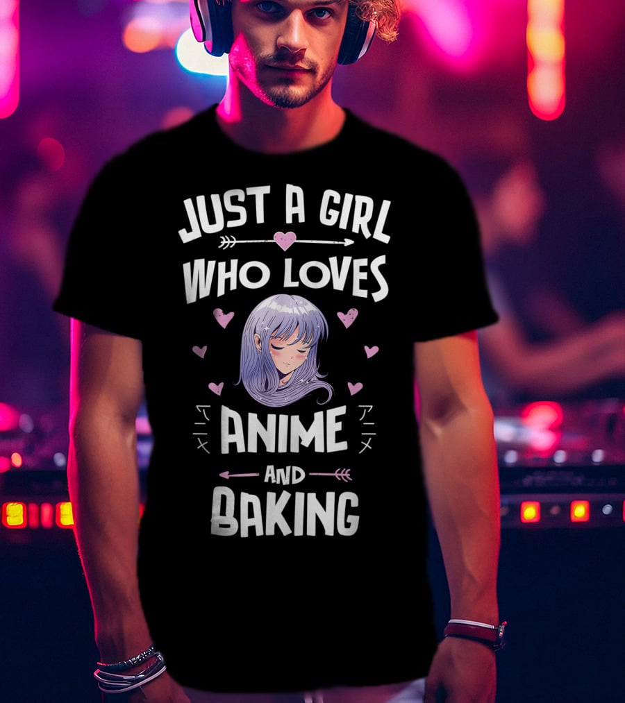 Just A Girl Who Loves Anime And Baking With Cute Hearts And Anime Girl T-Shirt
