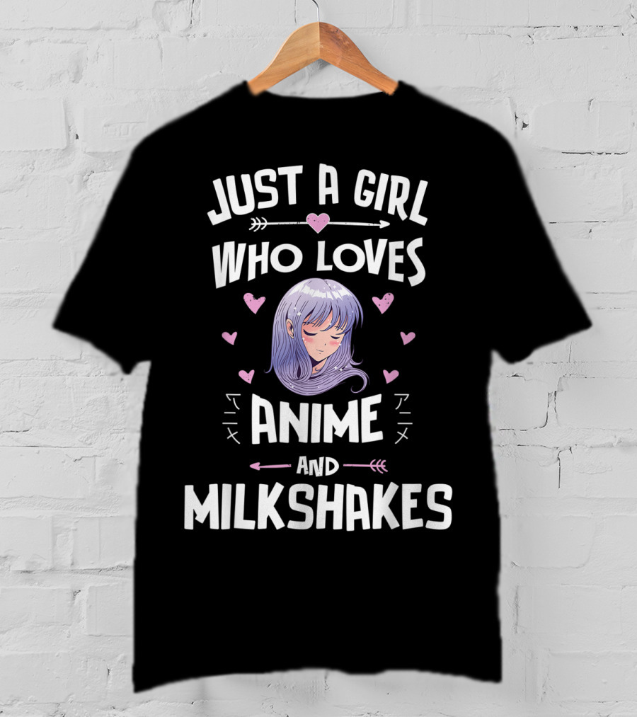 Just A Girl Who Loves Anime And Milkshakes With Purple Hair And Hearts T-Shirt
