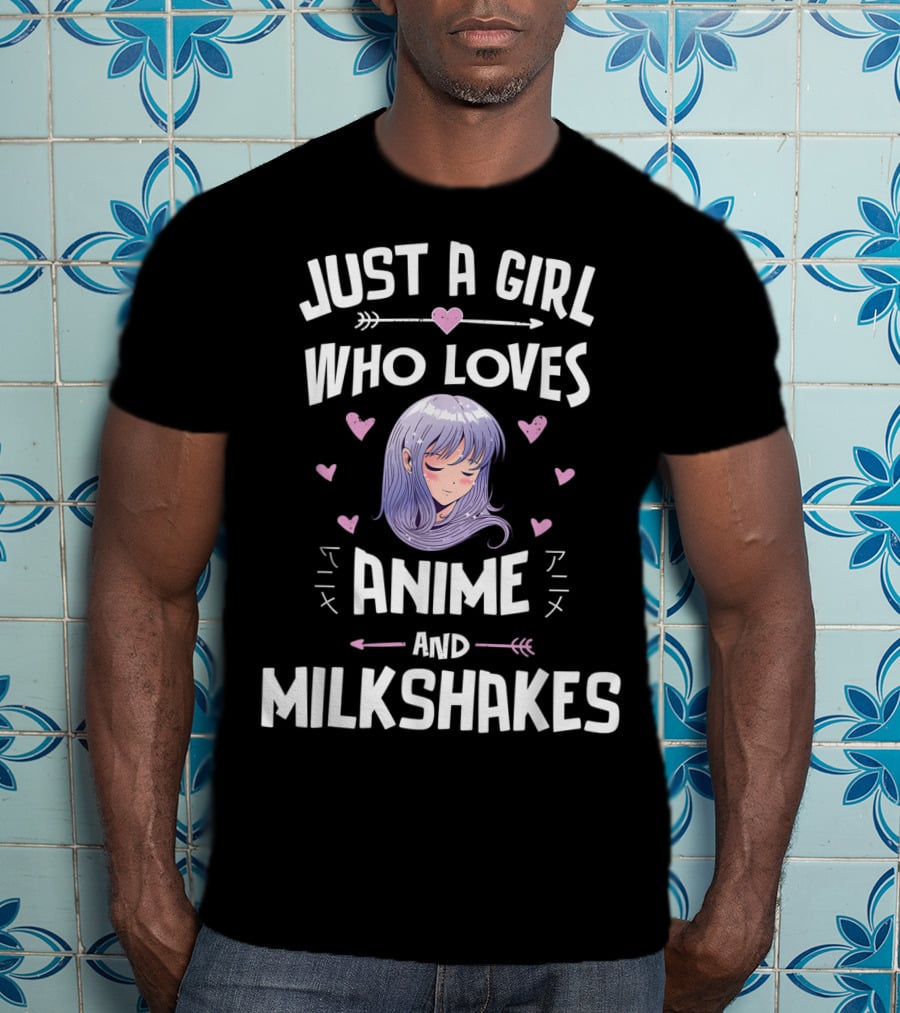 Just A Girl Who Loves Anime And Milkshakes With Purple Hair And Hearts T-Shirt
