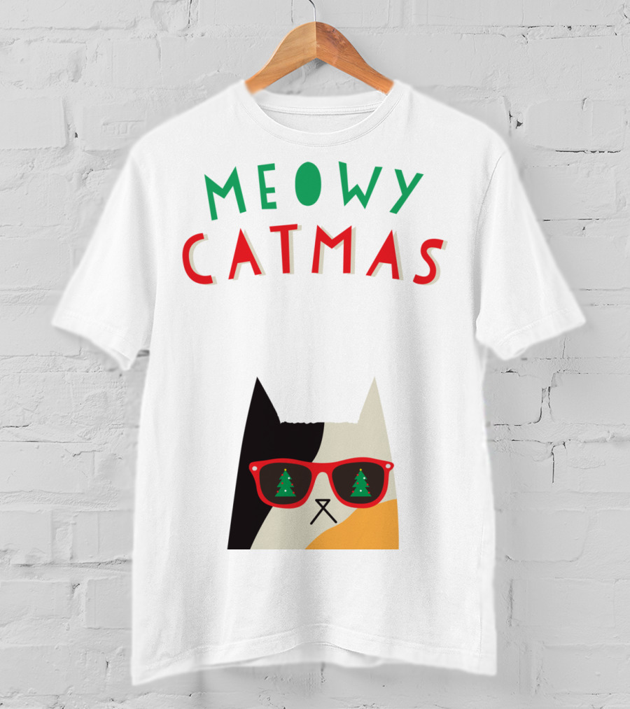 Meowy Catmas Christmas Calico Cat With Sunglasses And Trees T-Shirt