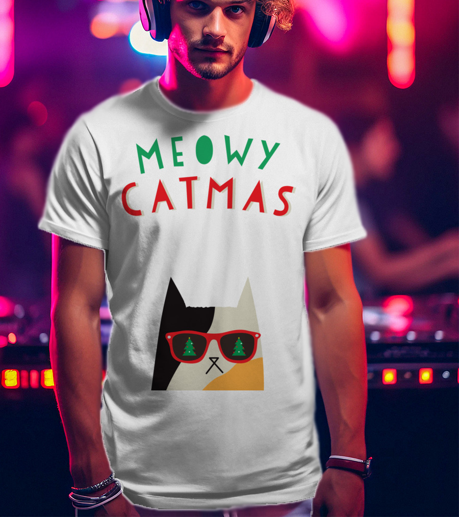 Meowy Catmas Christmas Calico Cat With Sunglasses And Trees T-Shirt
