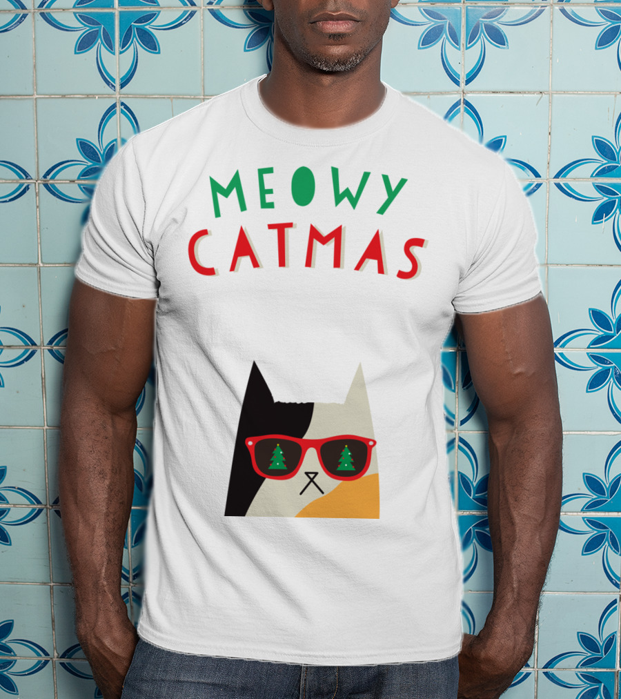 Meowy Catmas Christmas Calico Cat With Sunglasses And Trees T-Shirt