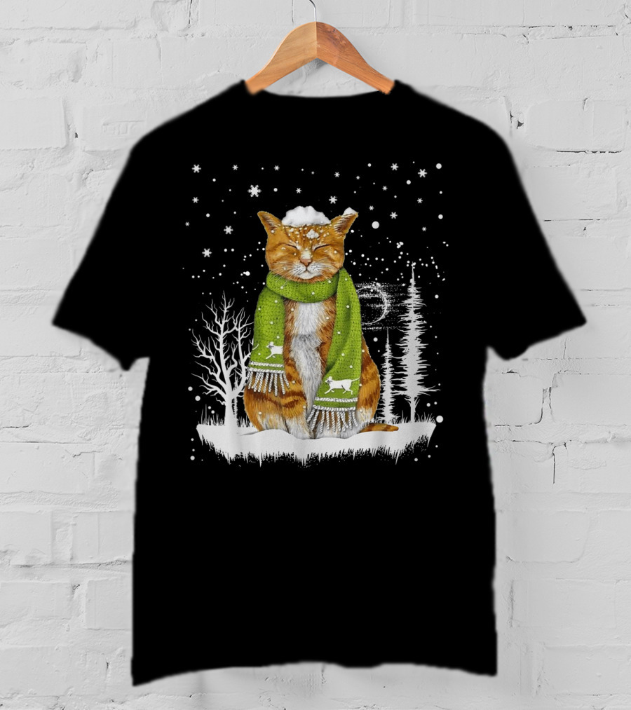 Meowy Xmas Christmas Cats In Snow With Green Scarf And Reindeer T-Shirt