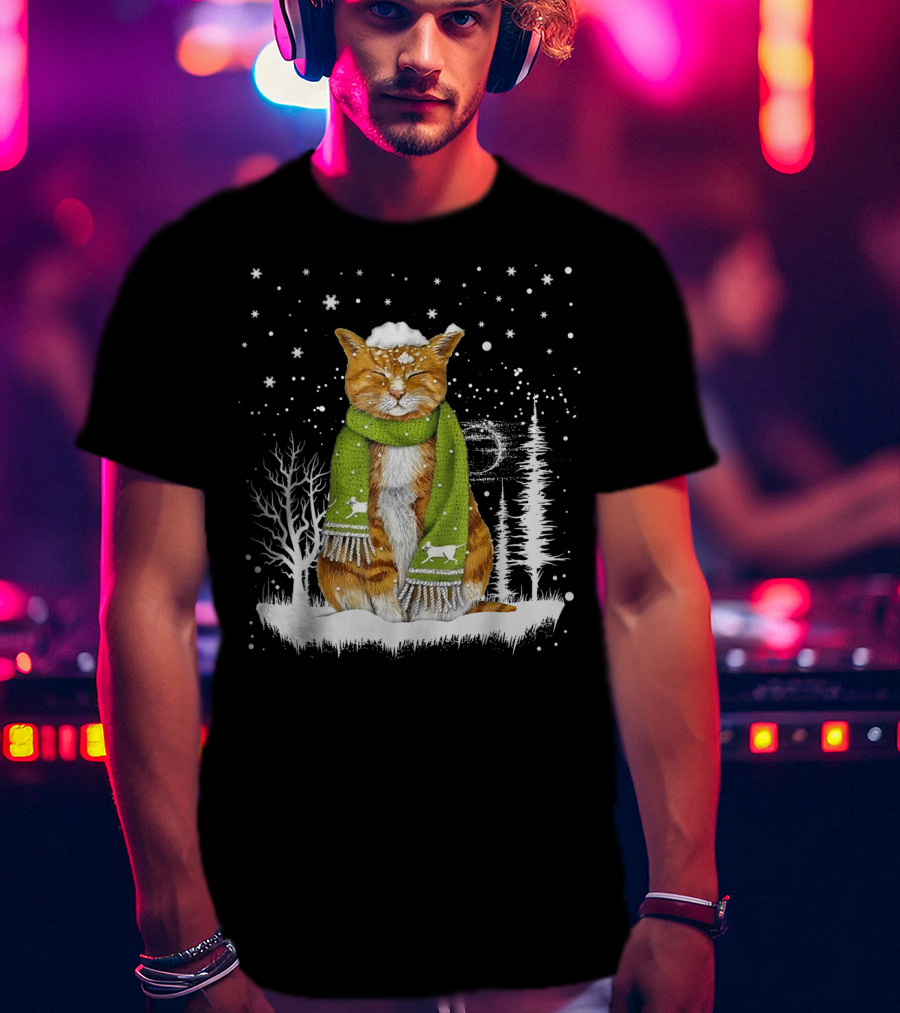 Meowy Xmas Christmas Cats In Snow With Green Scarf And Reindeer T-Shirt