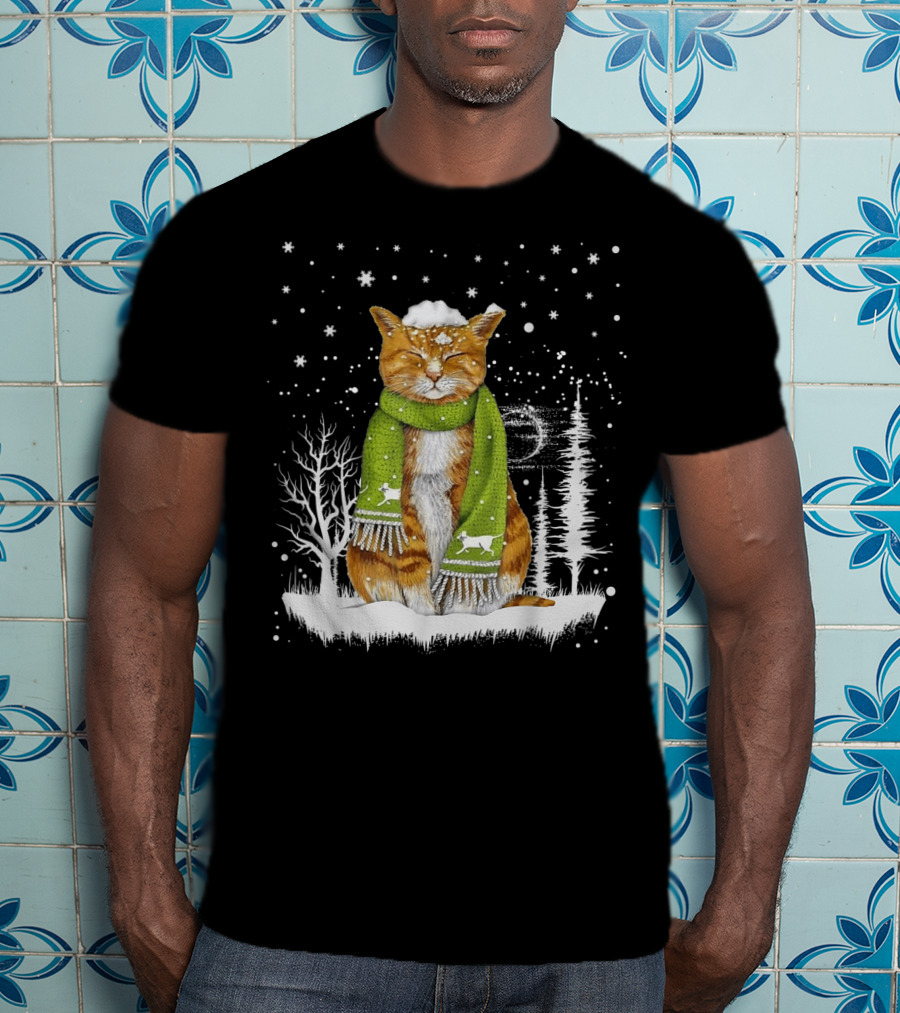 Meowy Xmas Christmas Cats In Snow With Green Scarf And Reindeer T-Shirt
