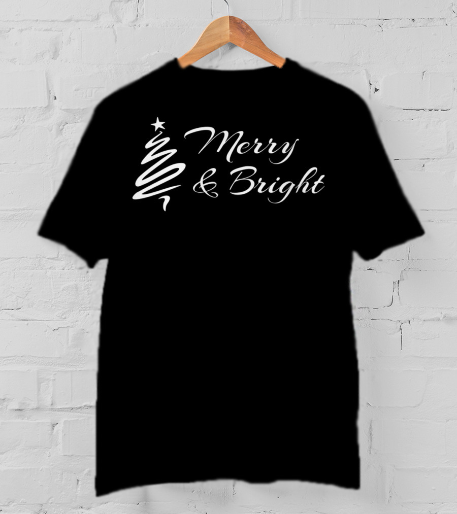 Merry And Bright Christmas Tree Design With Swirling Star Topper T-Shirt