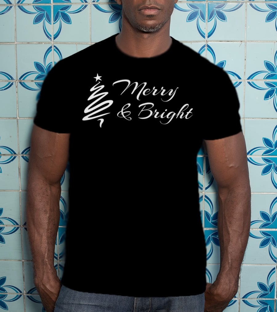 Merry And Bright Christmas Tree Design With Swirling Star Topper T-Shirt
