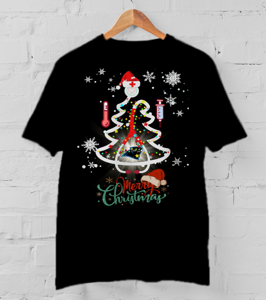 Merry Christmas Carolina Panthers Nurse Football Tree T-Shirt