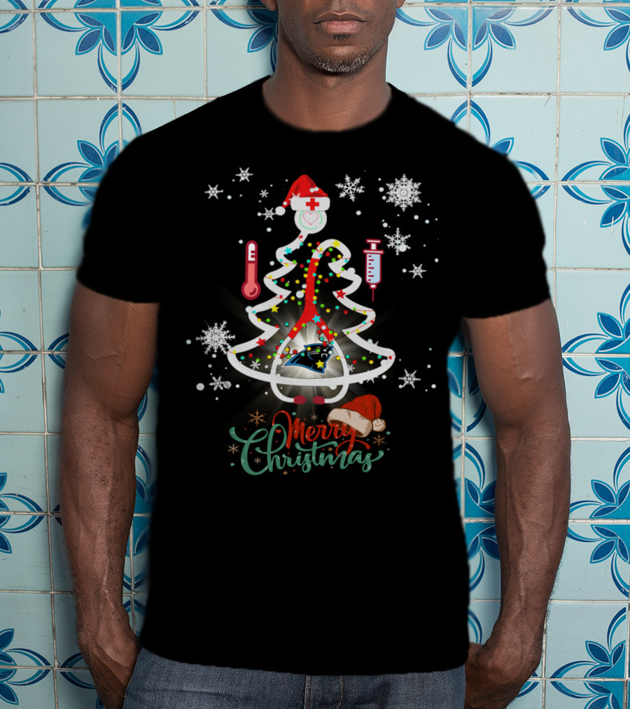 Merry Christmas Carolina Panthers Nurse Football Tree T-Shirt