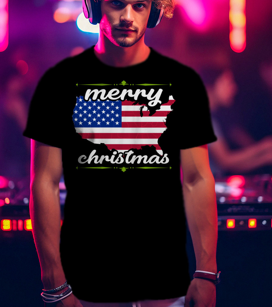 Merry Christmas USA Flag Map T-Shirt