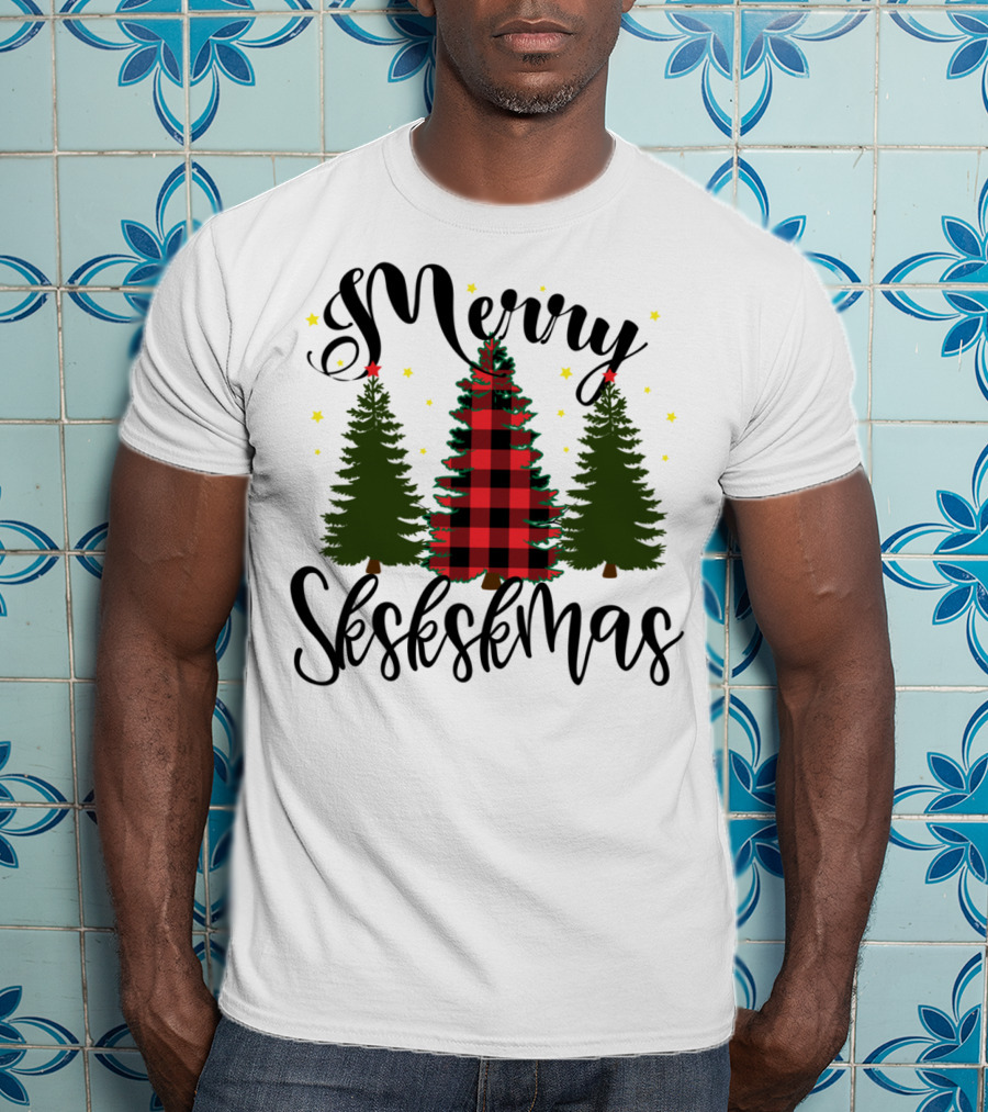 Merry Skskskmas Plaid Trees Scrunchie Visco Holiday T-Shirt