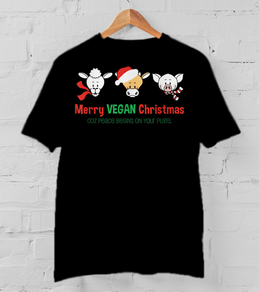 Merry Vegan Christmas Sheep Cow Pig Coz Peace Begins On Your Plate T-Shirt