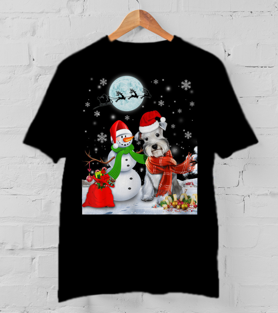Miniature Schnauzer Santa Snowman Christmas Moon Snowflakes T-Shirt