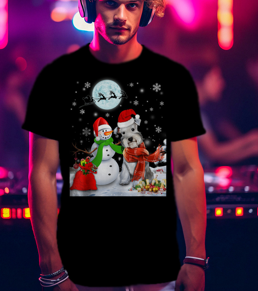 Miniature Schnauzer Santa Snowman Christmas Moon Snowflakes T-Shirt