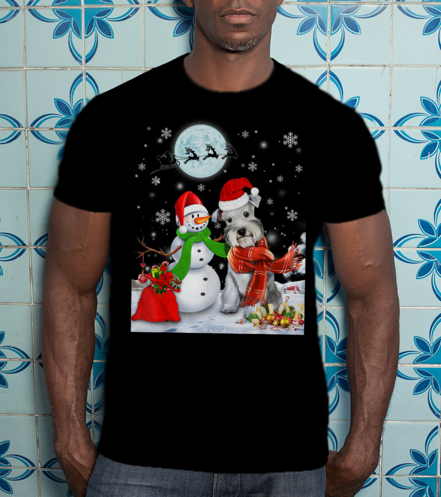 Miniature Schnauzer Santa Snowman Christmas Moon Snowflakes T-Shirt