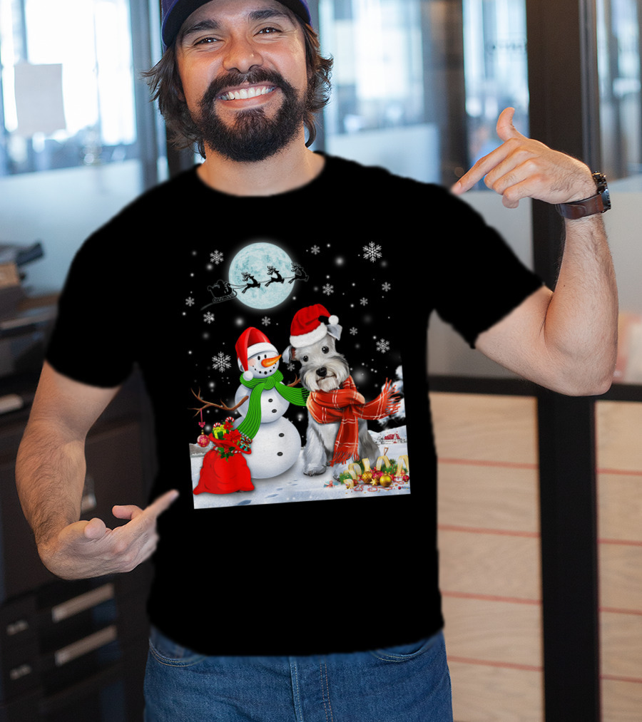 Miniature Schnauzer Santa Snowman Christmas Moon Snowflakes T-Shirt