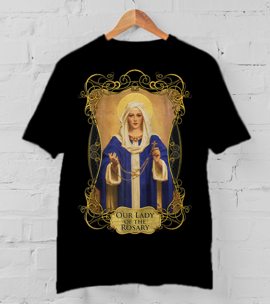 Our Lady Of The Rosary Catholic Prayer Blessed Virgin Mary Icon With Rosary Beads And Cross T-Shirt