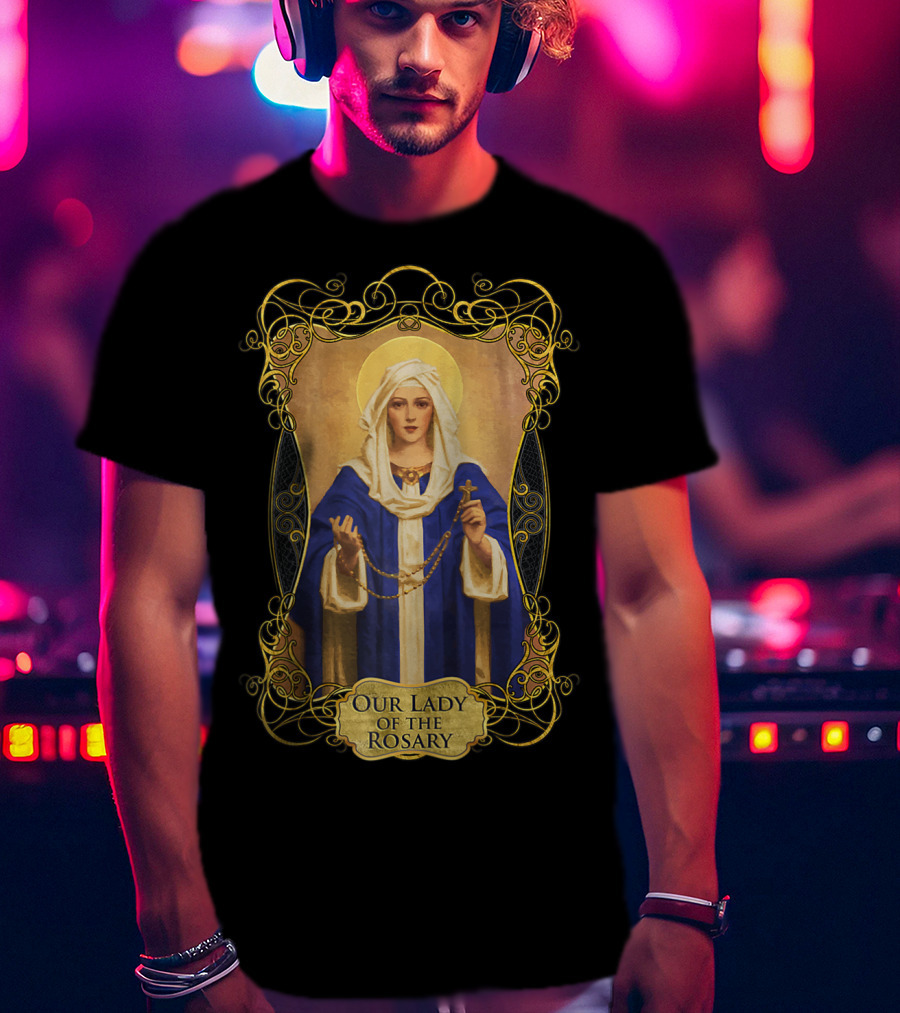 Our Lady Of The Rosary Catholic Prayer Blessed Virgin Mary Icon With Rosary Beads And Cross T-Shirt