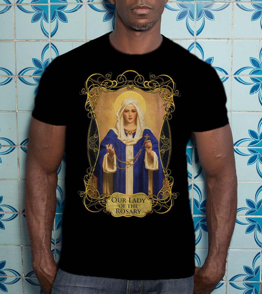 Our Lady Of The Rosary Catholic Prayer Blessed Virgin Mary Icon With Rosary Beads And Cross T-Shirt