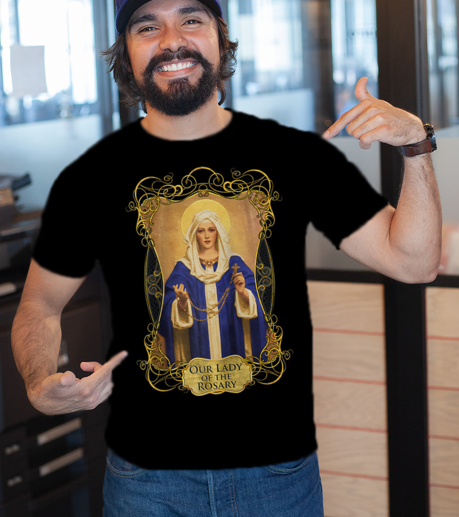 Our Lady Of The Rosary Catholic Prayer Blessed Virgin Mary Icon With Rosary Beads And Cross T-Shirt