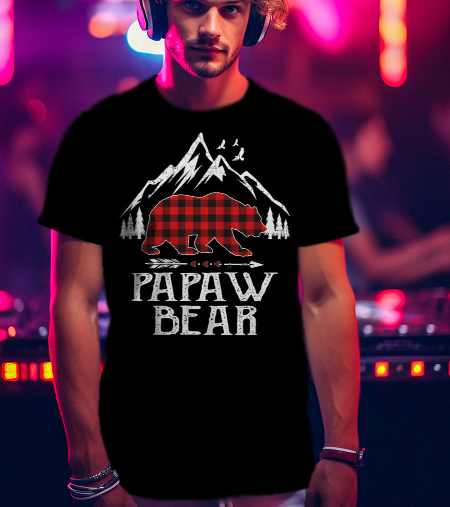 Papaw Bear Christmas Red Plaid Buffalo Mountain Scene T-Shirt