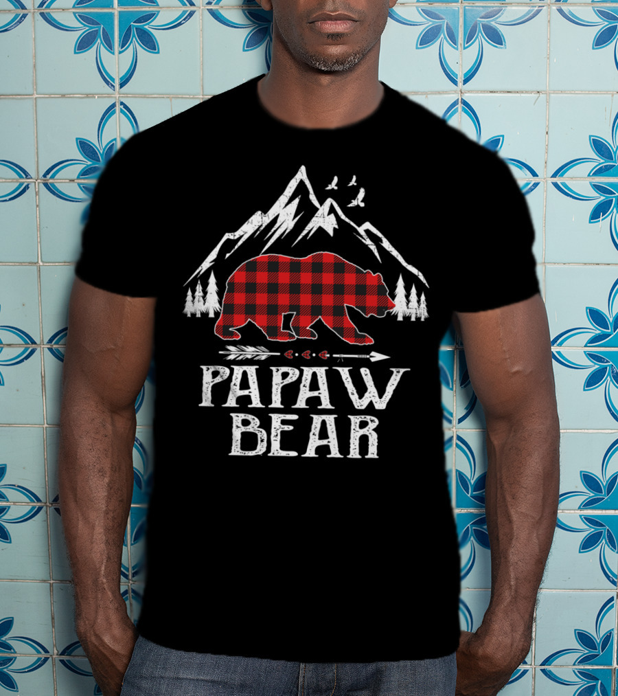 Papaw Bear Christmas Red Plaid Buffalo Mountain Scene T-Shirt