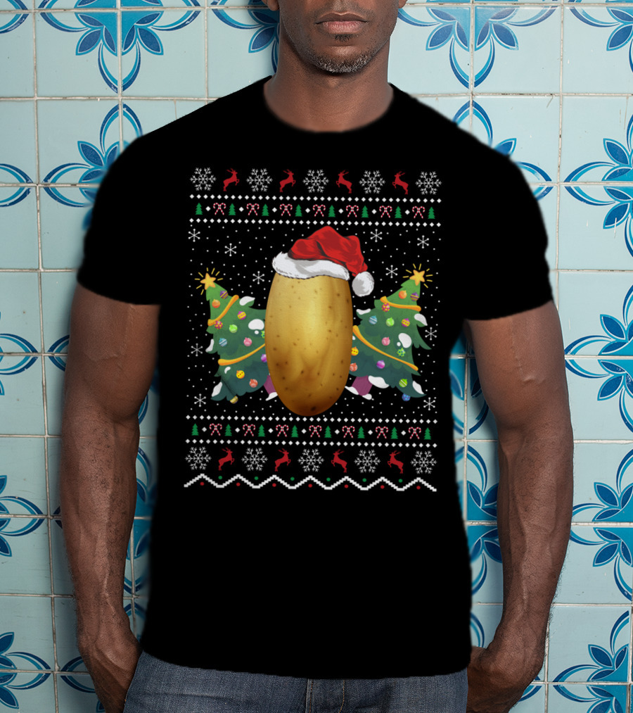 Potato Lover Christmas Ugly Sweater Santa Hat Reindeer Snowflakes Christmas Tree T-Shirt