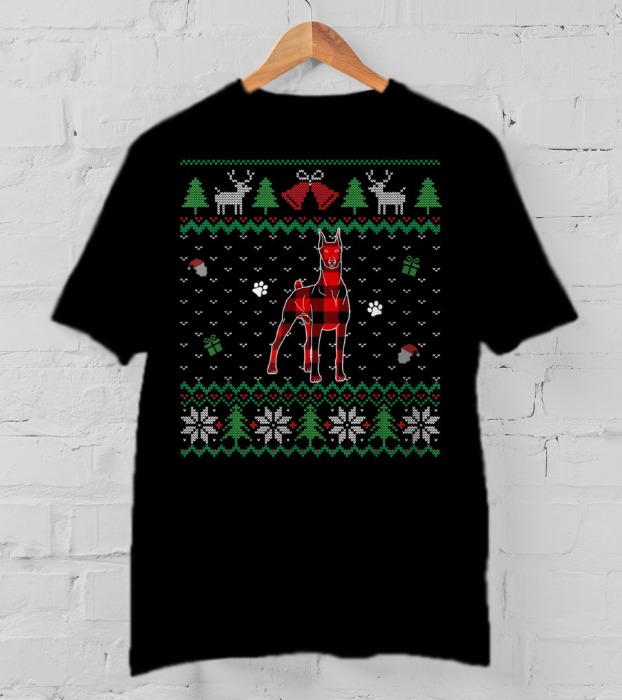 Red Plaid Doberman Dog Ugly Christmas T-Shirt
