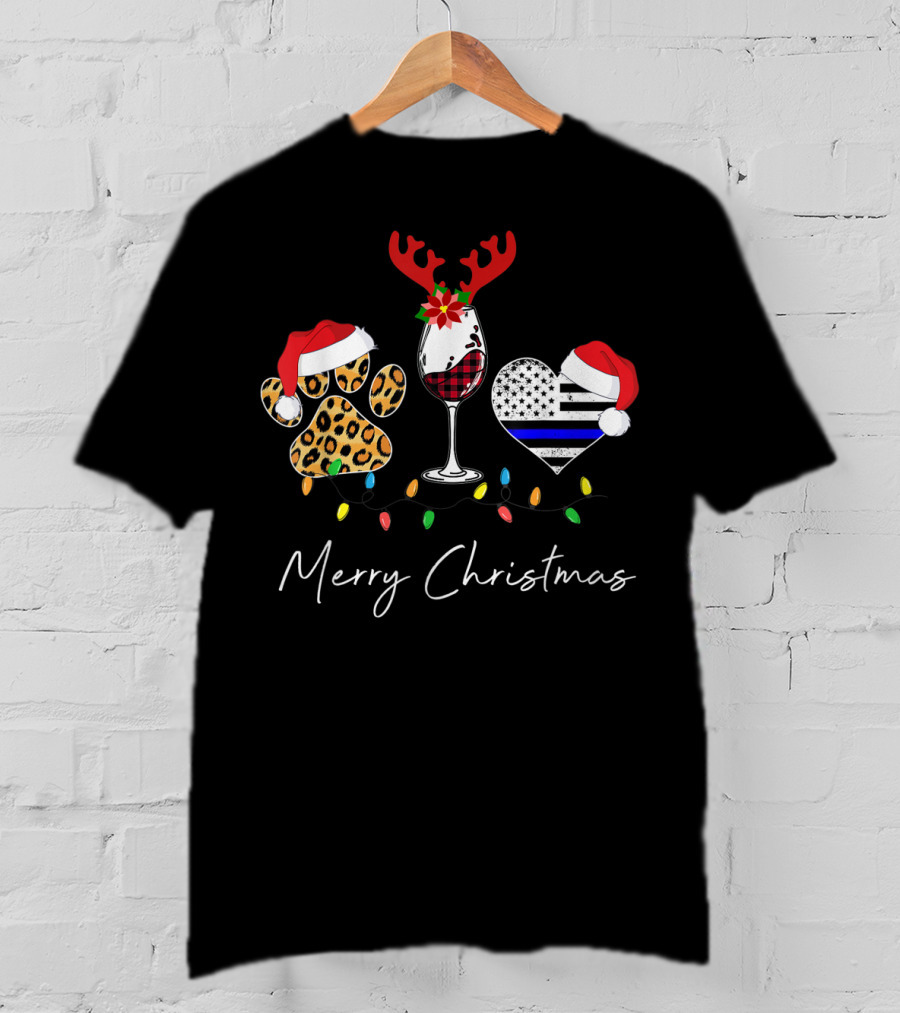 Red Plaid Wine Glass Leopard Dog Paw Blue Line Heart Merry Christmas T-Shirt