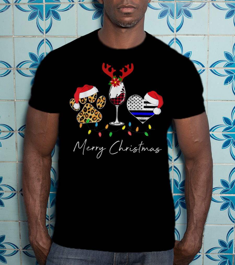 Red Plaid Wine Glass Leopard Dog Paw Blue Line Heart Merry Christmas T-Shirt
