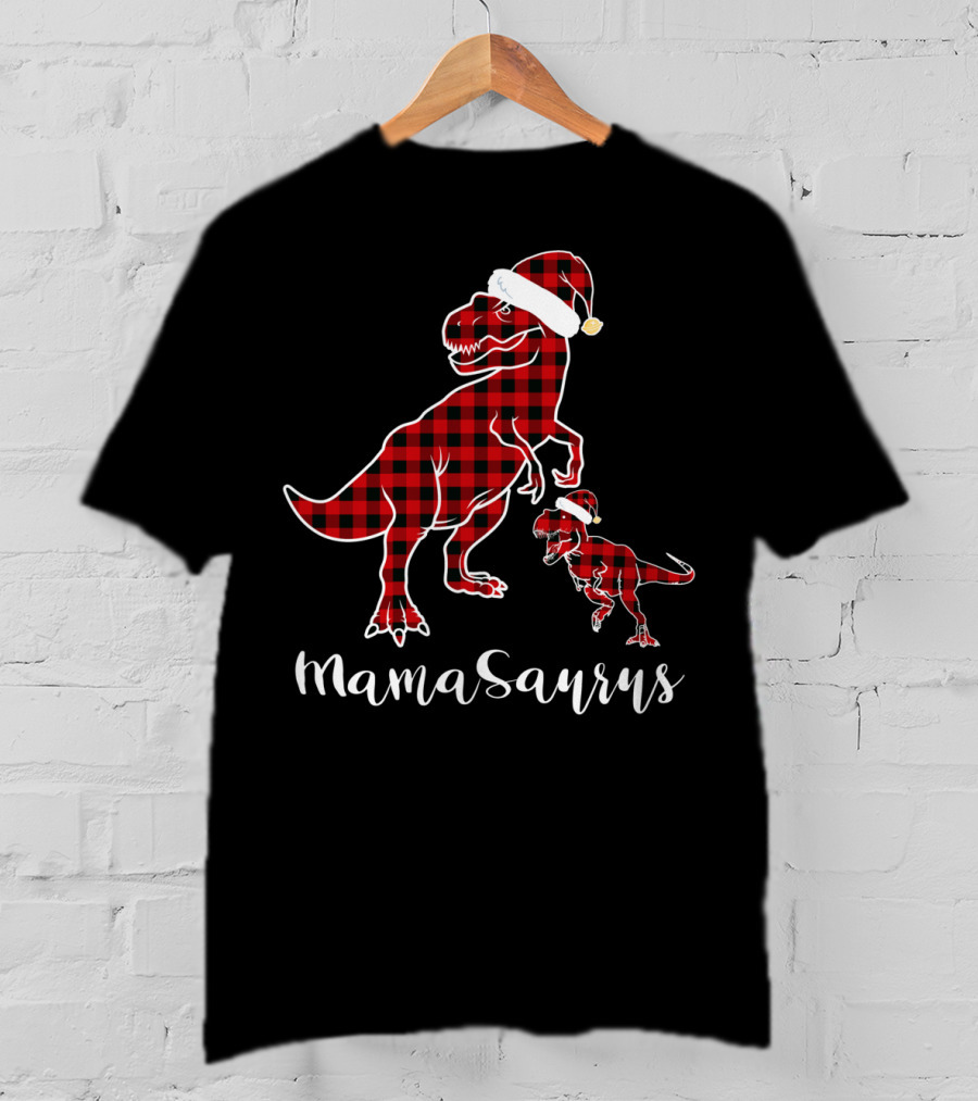 Mamasaurus Red Plaid Santa Hat Buffalo Family T-Shirt