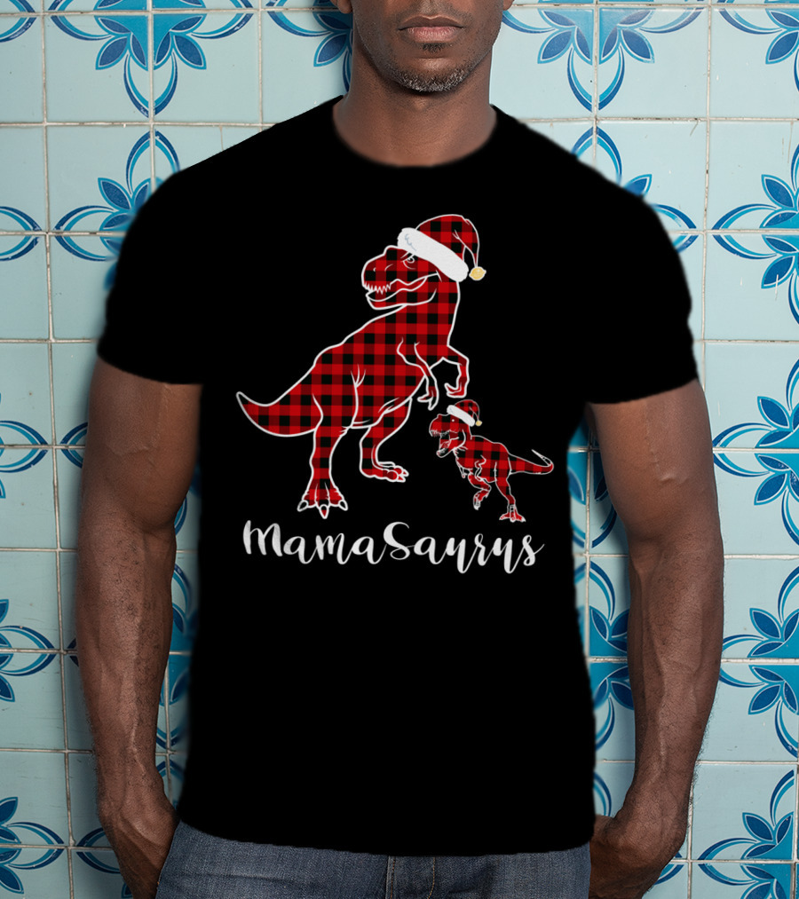 Mamasaurus Red Plaid Santa Hat Buffalo Family T-Shirt