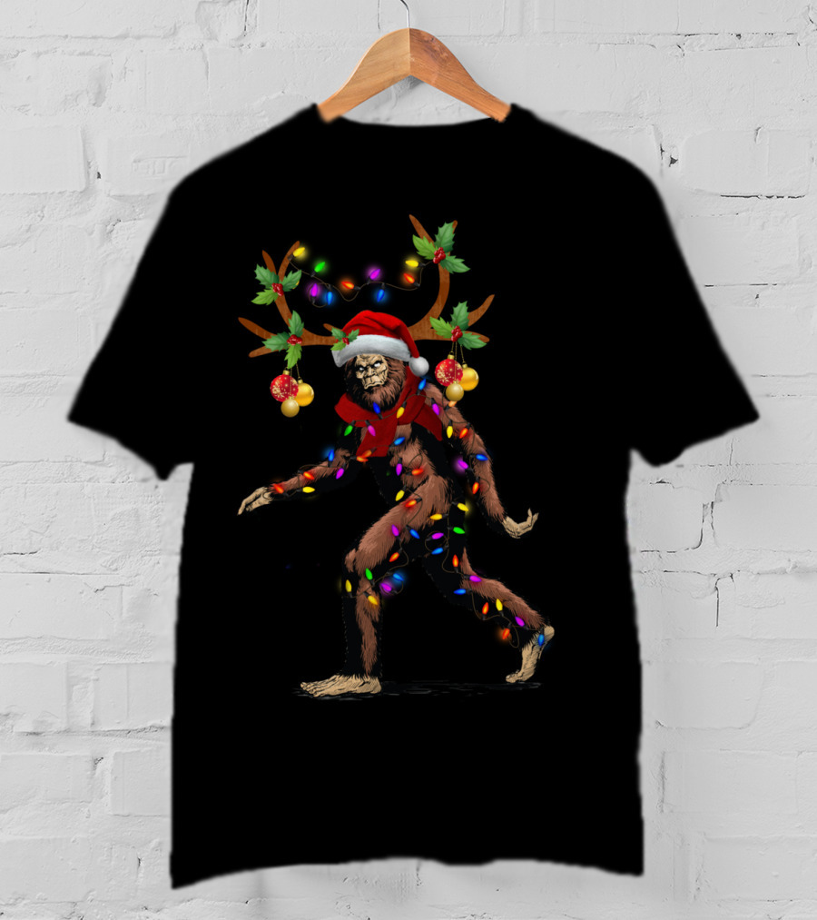 Santa Bigfoot Sasquatch Reindeer Festive Lights T-Shirt