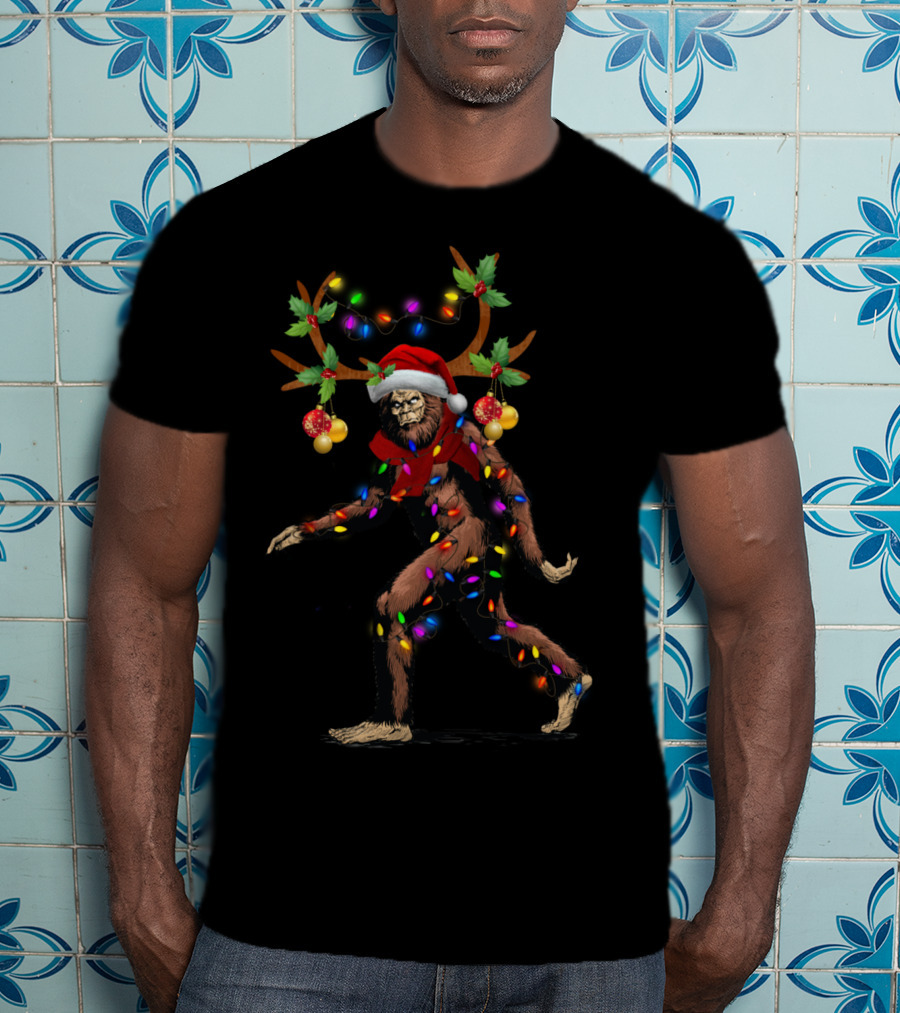 Santa Bigfoot Sasquatch Reindeer Festive Lights T-Shirt