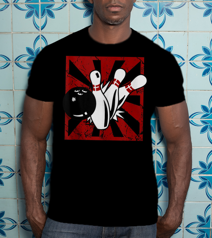Retro Vintage Bowling Funny Striking Bowler Bowl Pins Explosion T-Shirt