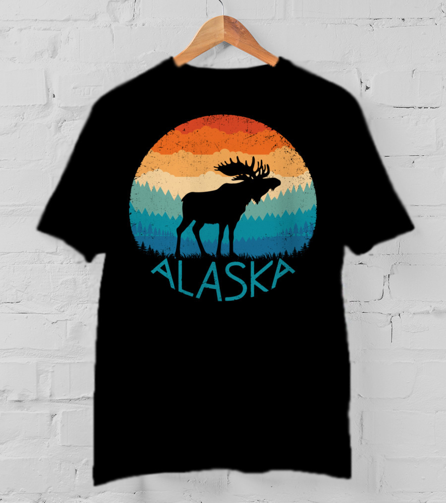 Alaska Retro Moose Vintage Mountain State Sunset Scene T-Shirt