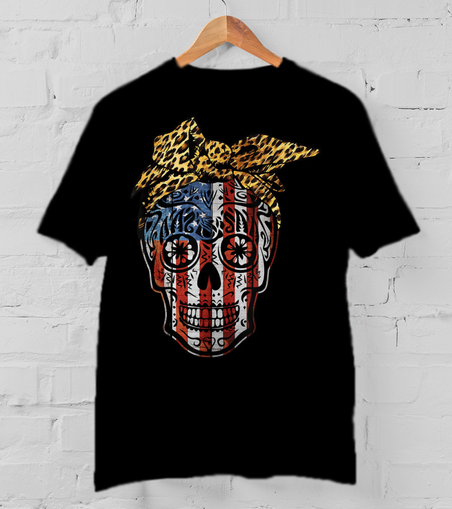 American Sugar Skull With Patriotic Stripes And Leopard Print Bow Fourth Of July T-Shirt