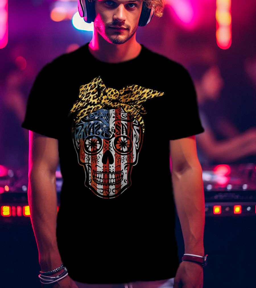 American Sugar Skull With Patriotic Stripes And Leopard Print Bow Fourth Of July T-Shirt