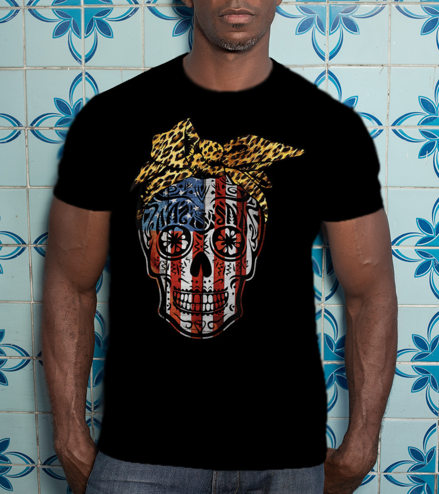 American Sugar Skull With Patriotic Stripes And Leopard Print Bow Fourth Of July T-Shirt