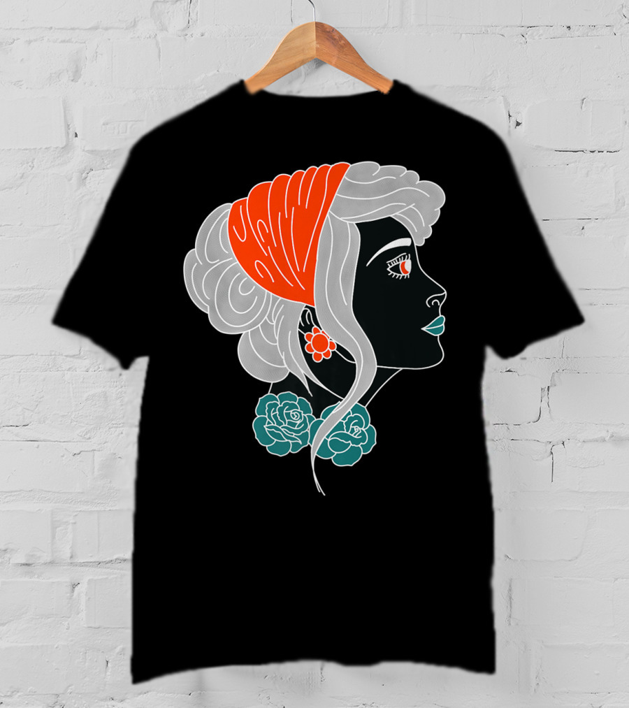 American Traditional Tattoo Gypsy Woman With Orange Headscarf And Roses T-Shirt