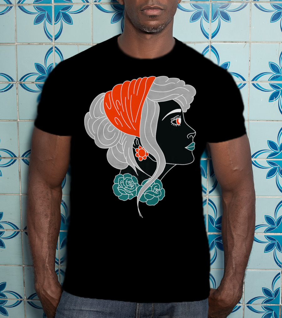 American Traditional Tattoo Gypsy Woman With Orange Headscarf And Roses T-Shirt